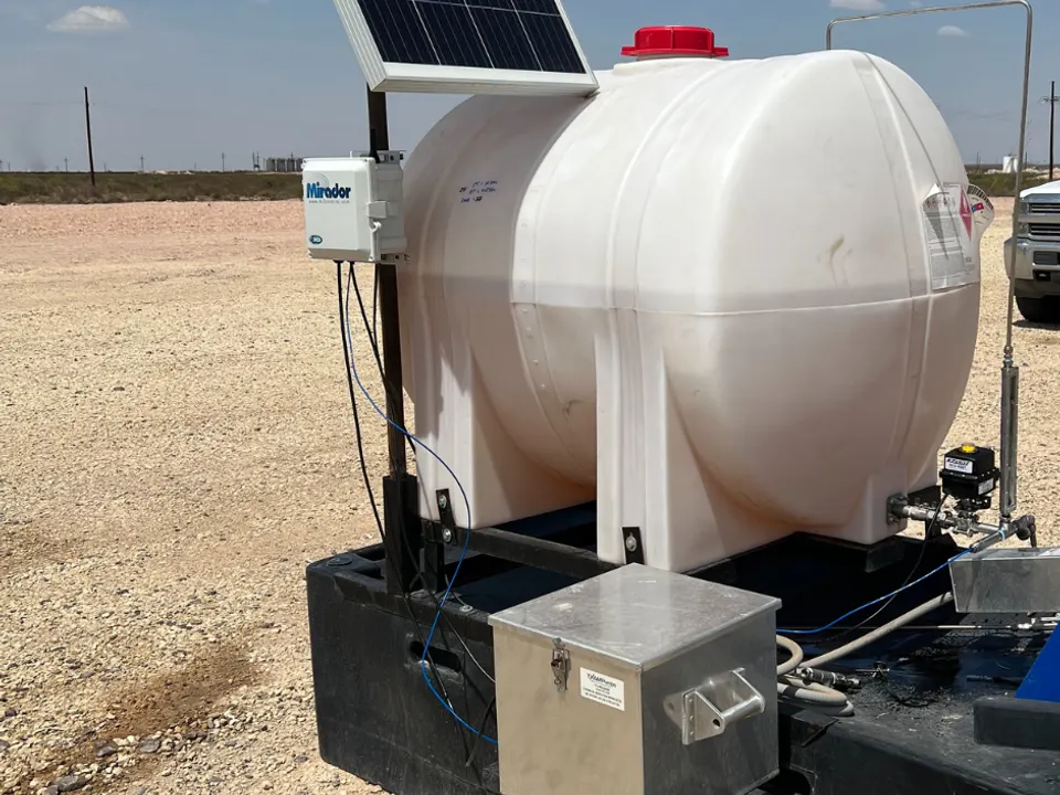 DCTLM radar tank level monitor on a chemical tank with solar panel