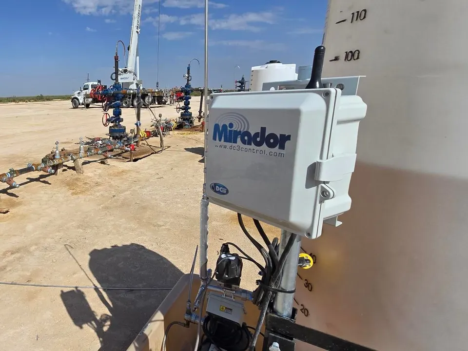 Mirador controller installed on a chemical tank at a wellsite